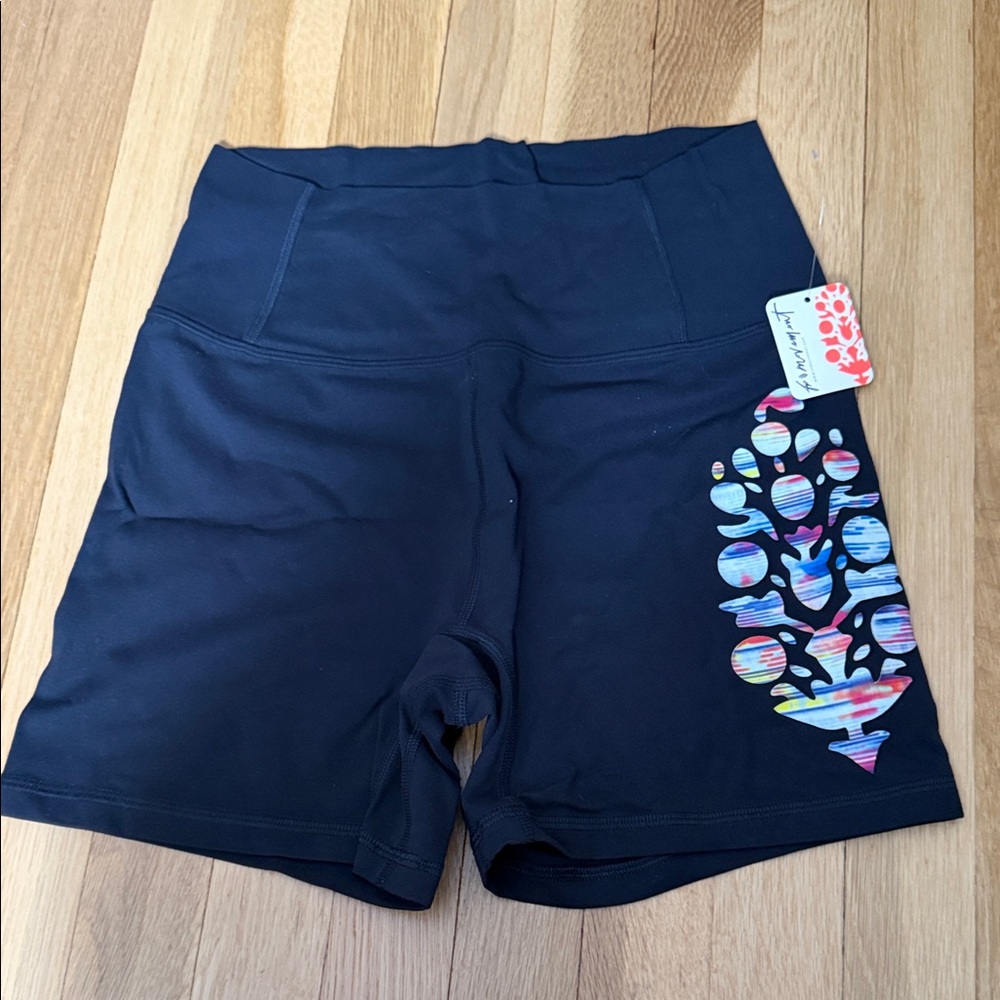 FP Movement by Free People Black Bike Shorts with Multicolor Design
